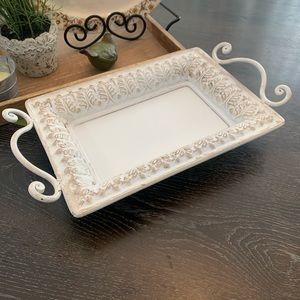 Beautiful white & tan handled tray w/feet